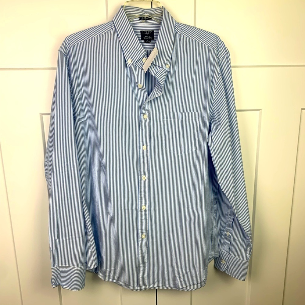 NWT J Crew Men’s LARGE Flex Long Sleeve Button Down Shirt Blue White Stripe